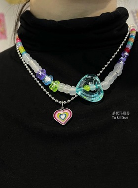 【杀死玛丽苏】复古90s渐变桃心项链 百搭千禧辣妹彩色蜻蜓锁骨链