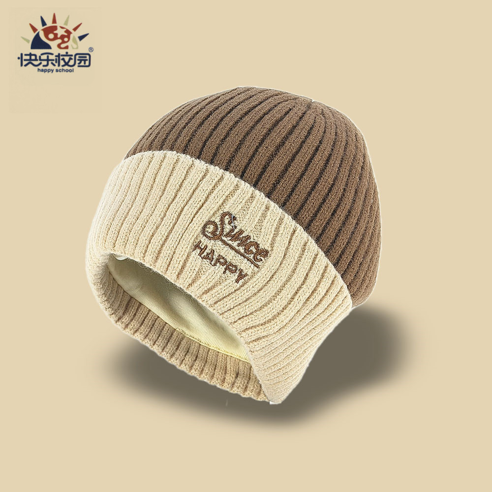 快乐校园男童秋冬保暖毛线帽子翻边单帽儿童纯棉里衬套头帽包头帽 - 图1