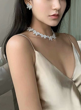 choker组合立体满钻蝴蝶结锁骨链