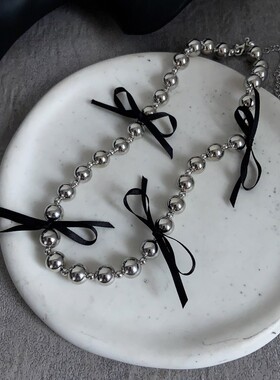 韩国小众reina银色爆珠蝴蝶结丝带项链ins甜酷辣妹颈链时尚锁骨链