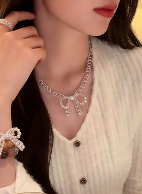 手工编织小灯泡法式珍珠项链法式轻奢蝴蝶结choker颈链锁骨链手链