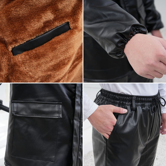 冬季加绒加厚皮衣防风保暖皮套装外卖骑行皮裤男式宽松皮棉袄棉裤