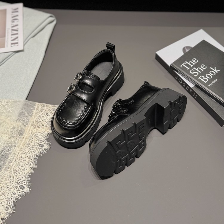 欧美厚底深口单鞋女2026春皮带扣魔术贴乐福鞋缝线英伦老钱女鞋潮,淘宝优惠券,粉丝福利购,淘宝优惠卷