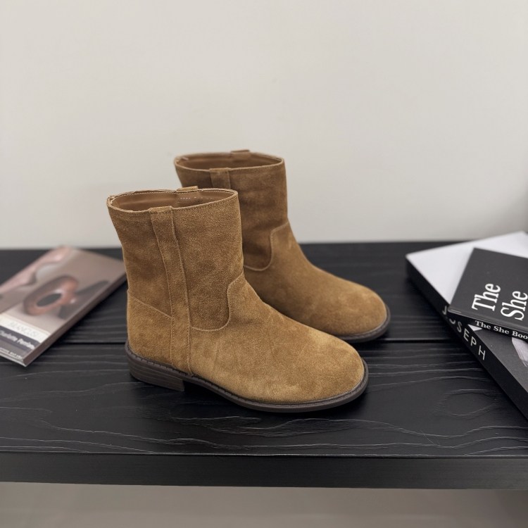 欧洲站套筒短靴女2025秋磨砂真皮马丁靴低跟圆头西部靴青年靴子女,淘宝优惠券,粉丝福利购,淘宝优惠卷