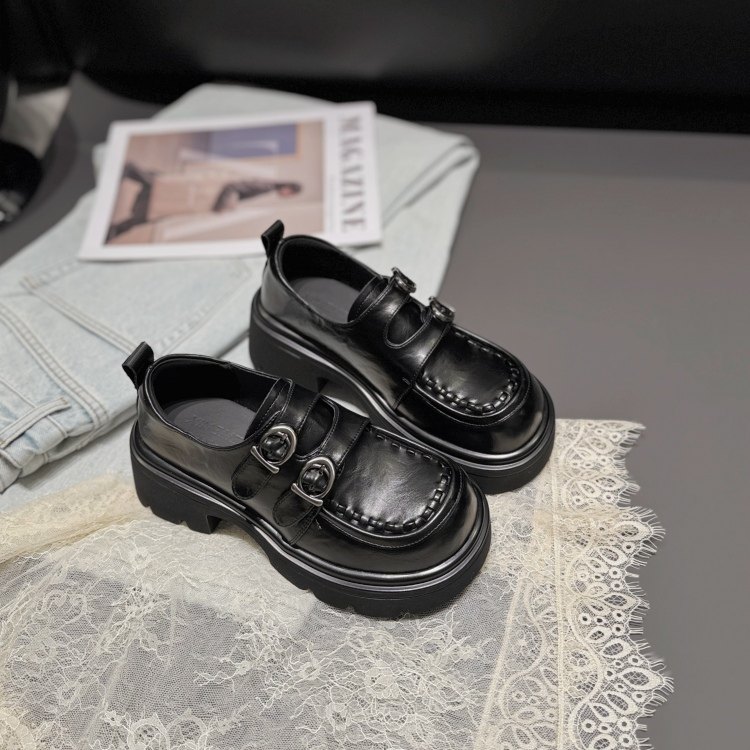欧美厚底深口单鞋女2026春皮带扣魔术贴乐福鞋缝线英伦老钱女鞋潮,淘宝优惠券,粉丝福利购,淘宝优惠卷