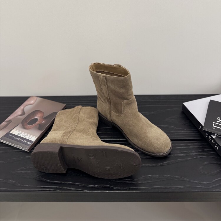 欧洲站套筒短靴女2025秋磨砂真皮马丁靴低跟圆头西部靴青年靴子女,淘宝优惠券,粉丝福利购,淘宝优惠卷