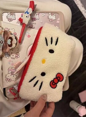 日本ULALOV可爱kitty收纳包毛茸茸kitty刺绣文具包笔袋送女生日礼