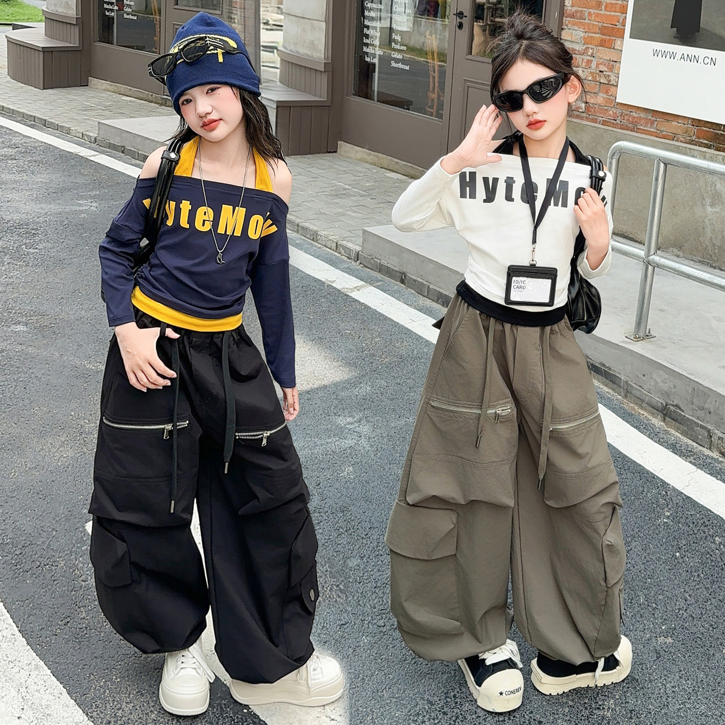 童装女童假两件长袖T恤显瘦爵士舞潮服时尚炸街大口袋工装裤走秀,淘宝优惠券,粉丝福利购,淘宝优惠卷