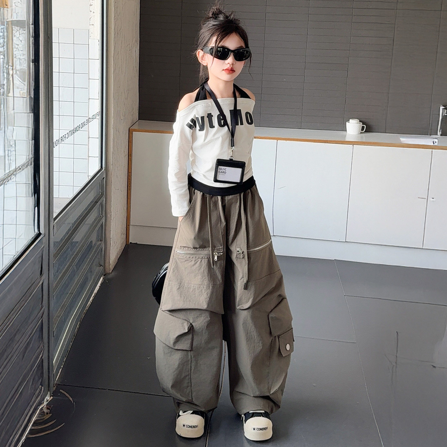 童装女童假两件长袖T恤显瘦爵士舞潮服时尚炸街大口袋工装裤走秀,淘宝优惠券,粉丝福利购,淘宝优惠卷