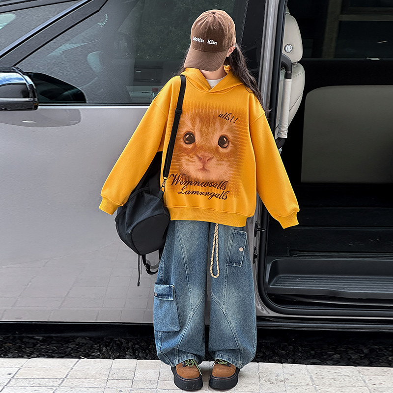 网红女童爵士舞秋冬装中大童美式猫咪印花宽松连帽卫衣拍照走秀服,淘宝优惠券,粉丝福利购,淘宝优惠卷