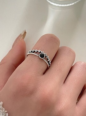 复古双层麻花黑色锆石戒指女ins小众设计开口指环时尚个性潮食指