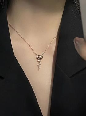 日落玫瑰花项链女法式复古闪钻小花锁骨链轻奢简约高级感花朵项饰