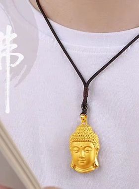 越南沙金佛头吊坠黑绳项链挂坠男女款仿真黄金色大佛坠子不掉色