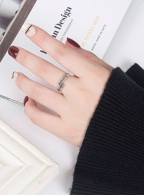 日韩版复古多层字母戒指男女款镀925银个性做旧几何形英文开口指