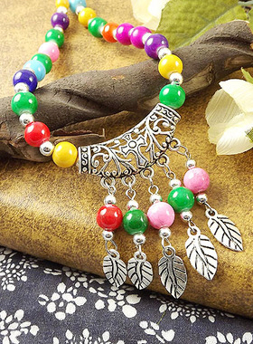 小左饰品 民族风复古雕花滴油流苏长款项链毛衣链 绿松石树叶发饰