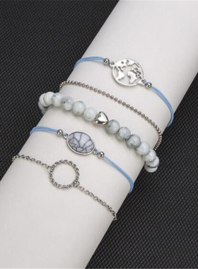 小左饰品 欧美椭圆裂纹松石珠链地图空心圈手链五件套手绳套装