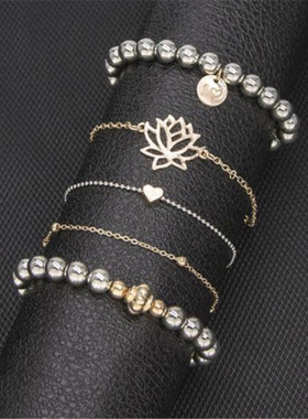 欧美简约灯笼莲花手珠链爱心手链五件套套装