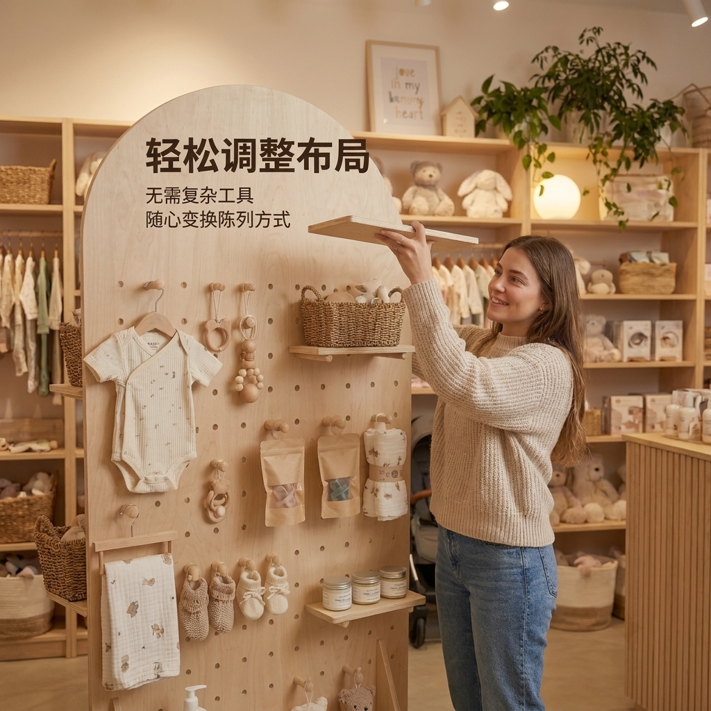Customized maternity and baby shop special perforated board removable wood grain white wooden product display rack