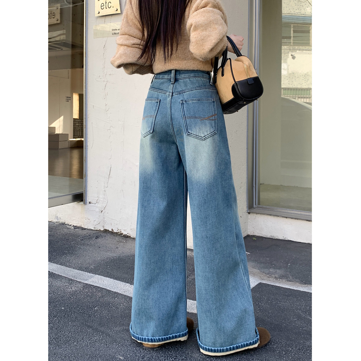 梨型身材阔腿牛仔裤女秋冬加绒胖mm不规则设计感高腰显瘦直筒长裤,淘宝优惠券,粉丝福利购,淘宝优惠卷