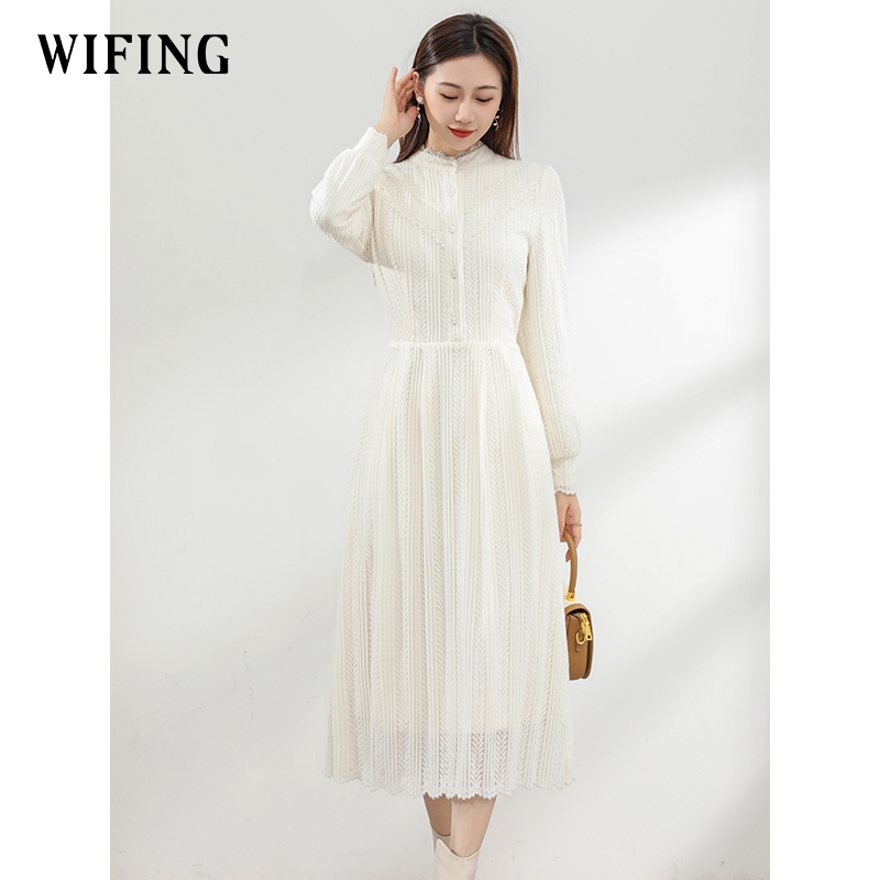 未风杏色蕾丝连衣裙秋冬新款女装轻奢长袖内搭裙子配大衣冬裙长裙 - 图0