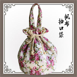 手提包小包女手拎水桶包简约圆形饭盒袋妈妈抽绳束口帆布艺便当包 - 图2