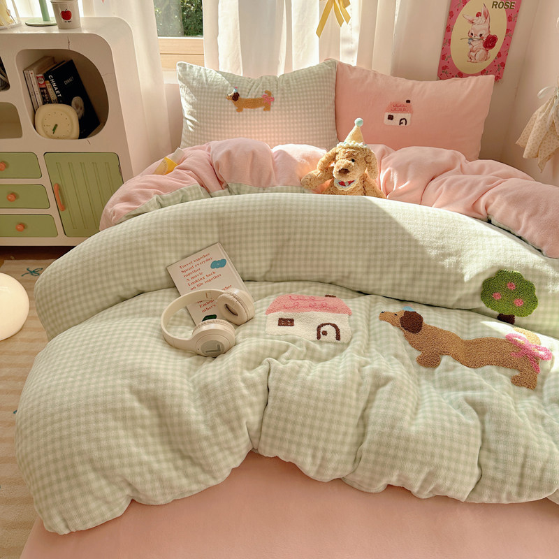 网红腊肠狗牛奶绒四件套秋冬保暖卡通毛巾绣珊瑚绒双面绒被套床单,淘宝优惠券,粉丝福利购,淘宝优惠卷