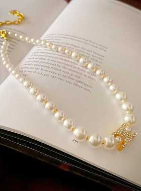 小香风镶钻字母珍珠hoker项链高级法式宫廷风气质百搭锁骨链项饰