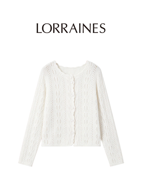 LORRAINES 法式衣橱-100山羊绒花边领镂空钩花软糯针织开衫上衣