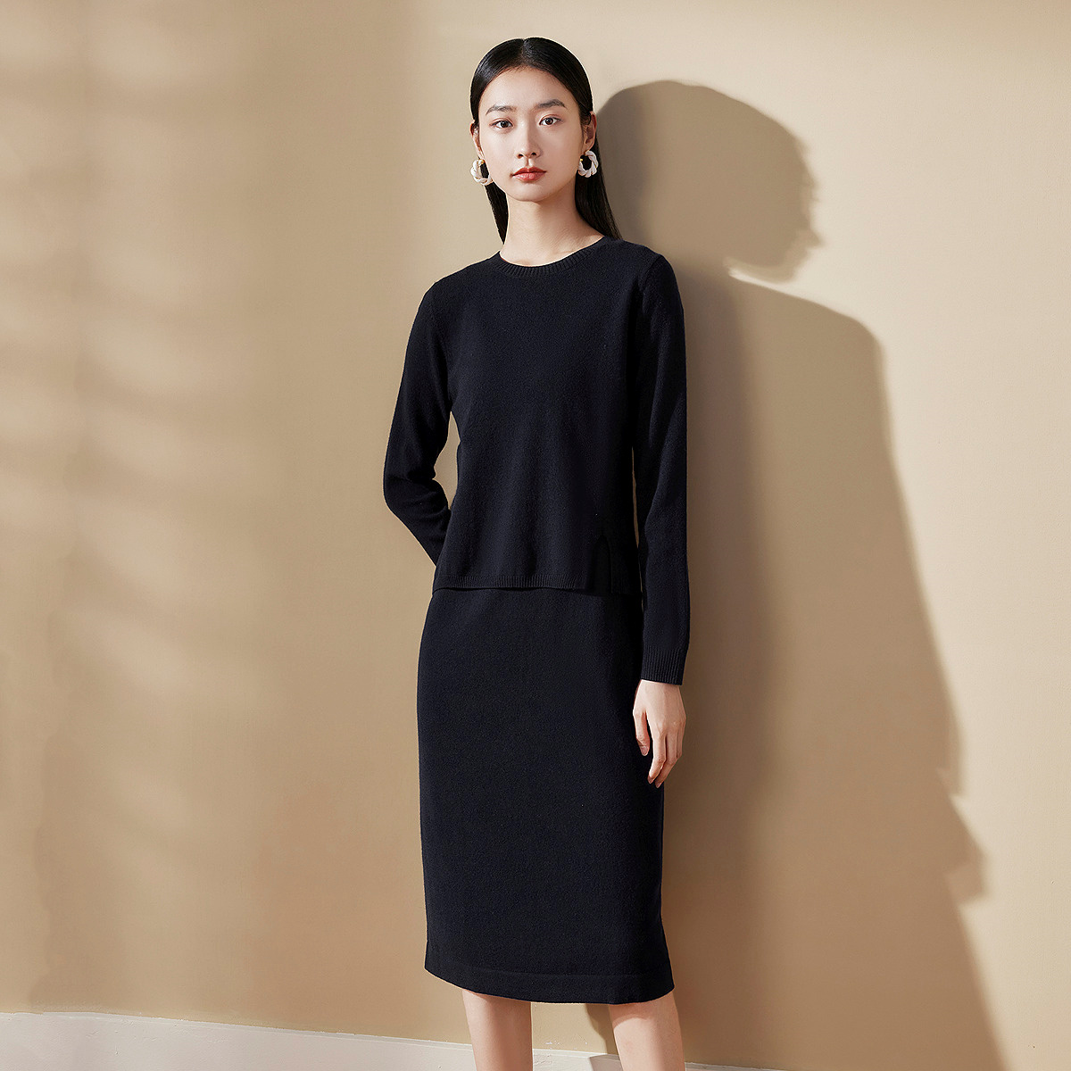 【纯羊毛】FINITY菲妮迪假两件连衣裙2025年冬季新款宽松裙子女 - 图0