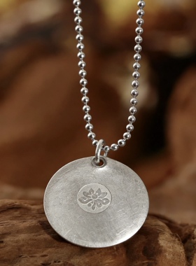 足银999复古纯手工圆形喜旋银饼吊坠男女情侣款项链