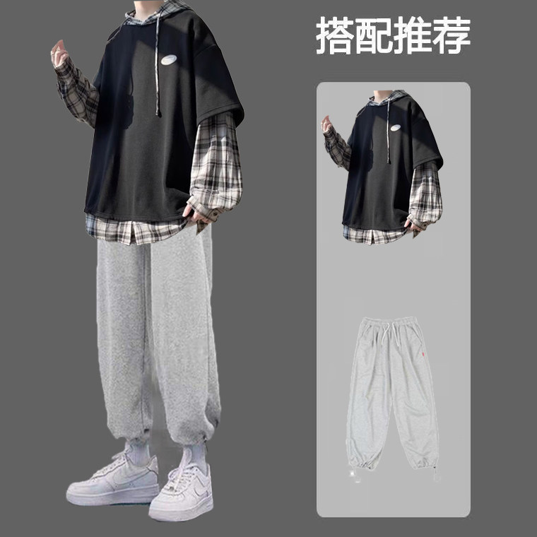 假两件卫衣套装男秋冬季潮流宽松百搭休闲两件套男装搭配帅气衣服_虎窝淘