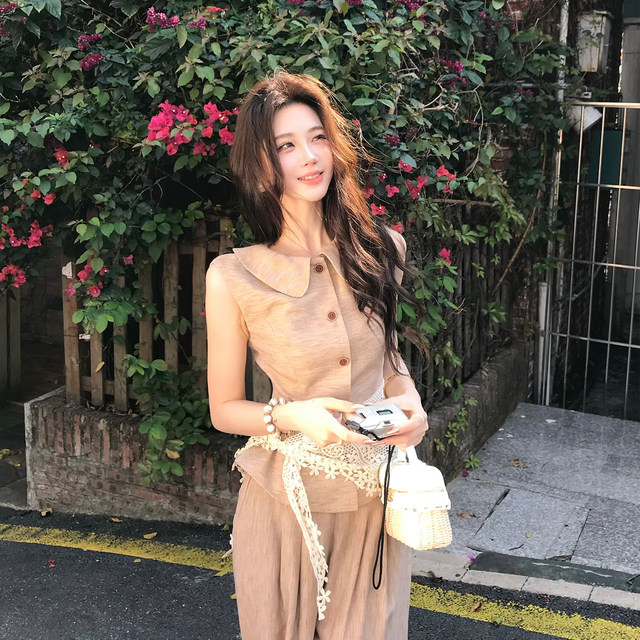 Muzi Li's Lazy Style Linen Suit Casual Sleeveless Waist Top Small Waisted Wide Leg Pants Summer Women's Summer