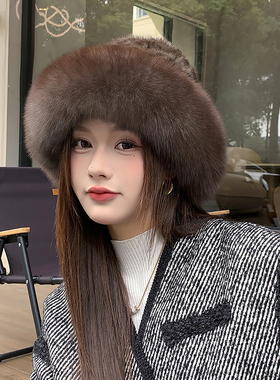 冬季兔毛皮护耳公主帽女显脸小