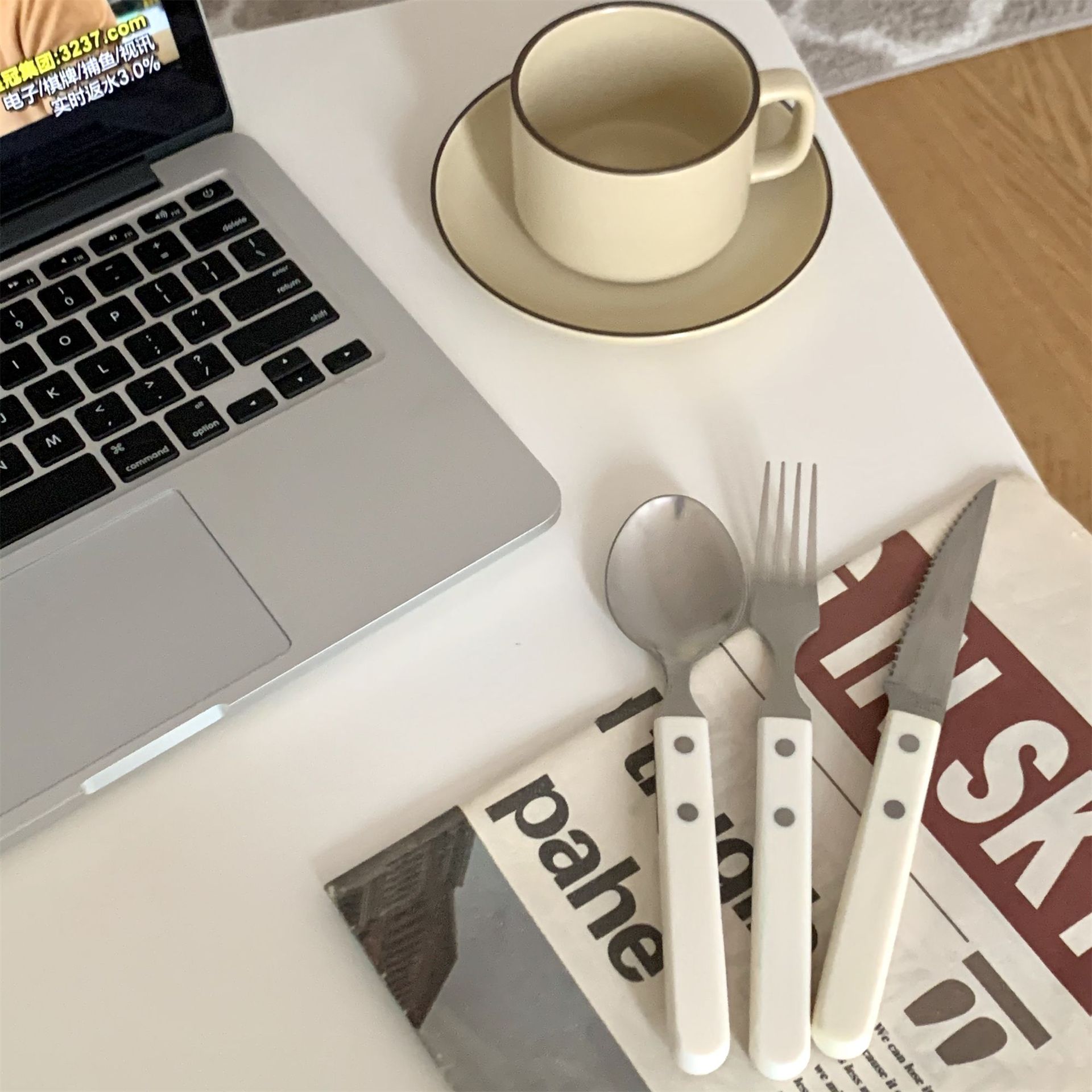 LS 奶白色不锈钢刀叉 可爱餐具组牛排勺子叉子刀叉勺甜品勺 - 图2