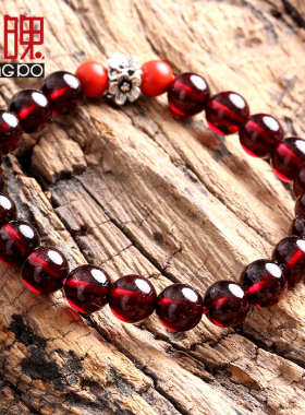 高档天然酒红石榴石朱砂单圈手串