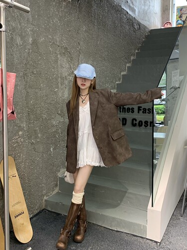 复古感擦色做旧哑光鳄鱼纹皮衣休闲西装女春秋宽松棕色西服外套 - 图0