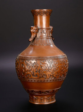 匠泽铜魂紫铜象首耳龙纹瓶