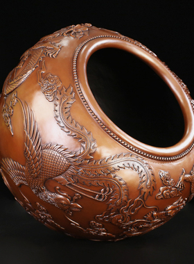 匠泽铜魂 纯紫铜龙凤缸摆件 招财缸铜缸聚宝盆家居创意画卷收纳缸