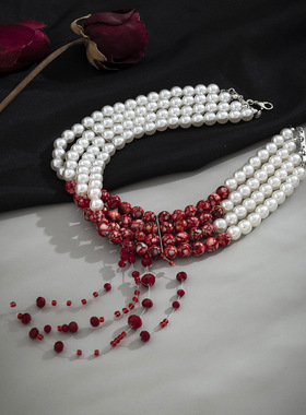 欧美跨境饰品哥特风血滴流苏项链女万圣节项圈串珠chocker