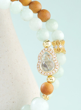 晶德珠宝普陀山芭比檀木豆青色玉髓葫芦双圈手链转运手串礼物