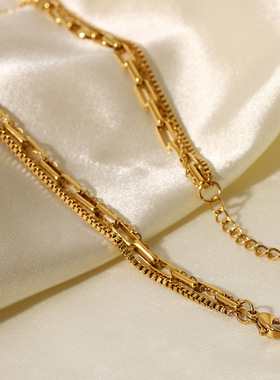 INS欧美复古风18K 镀金回形针盒链分层项链不锈钢链环三层项链女
