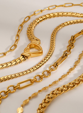 欧美不锈钢金色项链高级感古巴锁骨链钛钢项饰品necklace