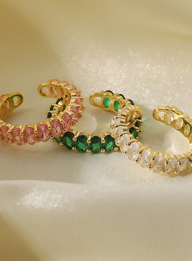 INS小众女式时尚百搭戒指18k铜镶锆椭圆粉色/绿色/白色锆开口戒指