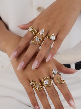 欧美锆石戒指钛钢不掉色饰品女轻奢高级感指环不锈钢