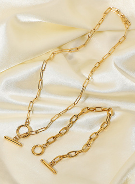 欧美不锈钢金色手链回形针手链OT套圈镀金不锈钢OT项链套装