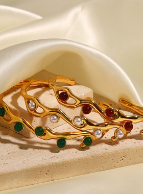 ins法式复古质感系列绿红色天然石/仿珍珠点缀开口不掉色钛钢手镯