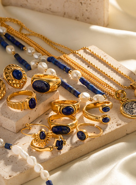 欧美跨境宫廷复古钛钢戒指饰品高级感轻奢小众青金石项链外贸