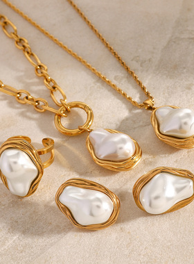 欧美不锈钢珍珠项链吊坠高级感夸张小众耳钉钛钢戒指饰品