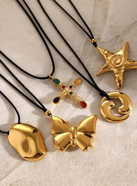 欧美INS网红新款18k金吊坠项链不锈钢简约黑色蜡绳蝴蝶结海星颈链