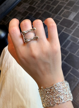 时髦复古韩国小众设计法式甜美欧美风银色百搭开口双层蝴蝶结戒指